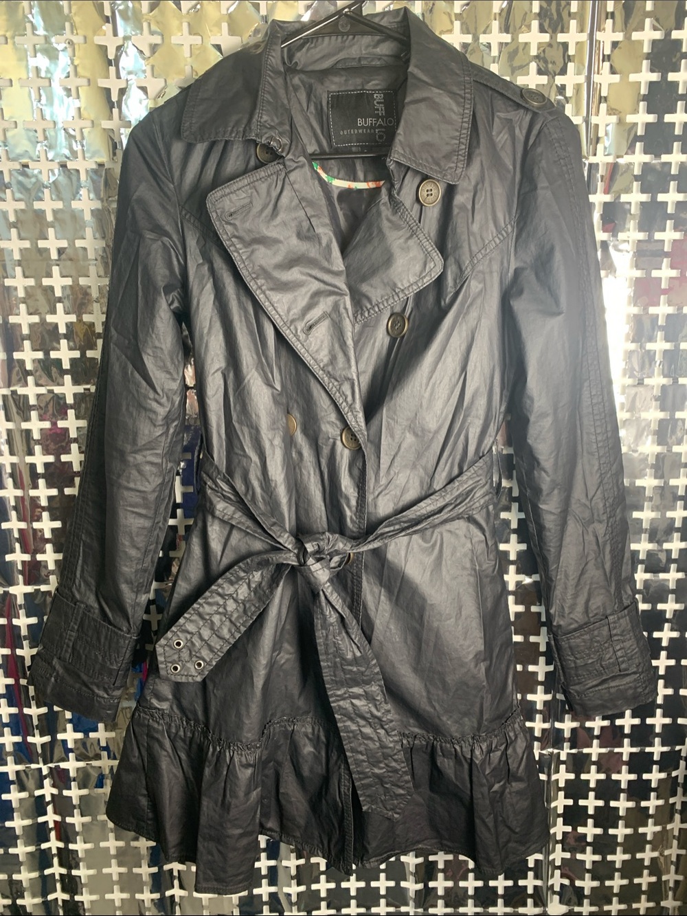 Buffalo David Bitton Black Double-Breasted Trench Coat with Ruffle Hem